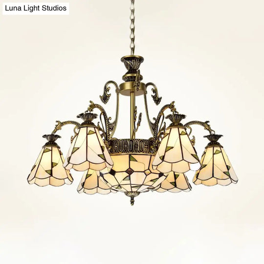 Mediterranean Stained Glass Chandelier Light Fixture - Conical Design 3/5/11 Lights White/Antique