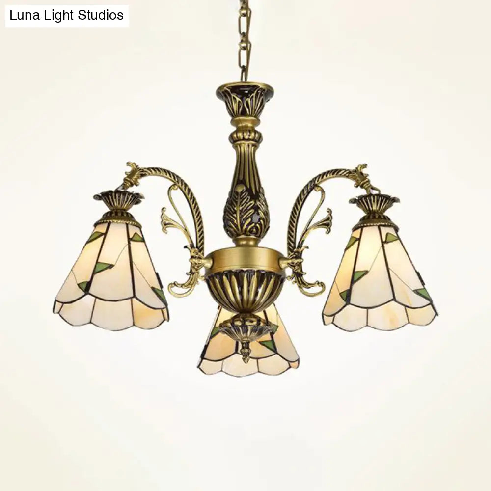 Mediterranean Stained Glass Chandelier Light Fixture - Conical Design 3/5/11 Lights White/Antique