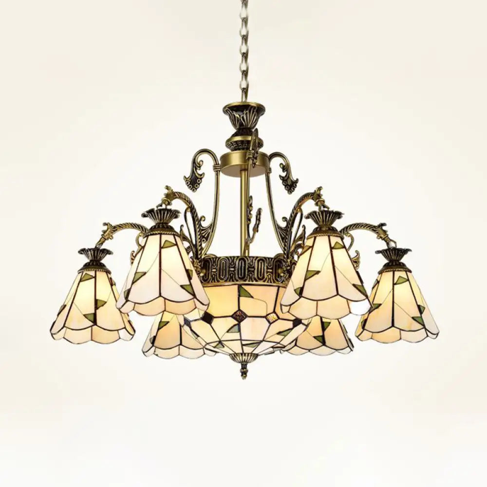 Stained Glass Chandelier Light Fixture - Mediterranean Style With 3/5/11 Lights White/Antique Brass