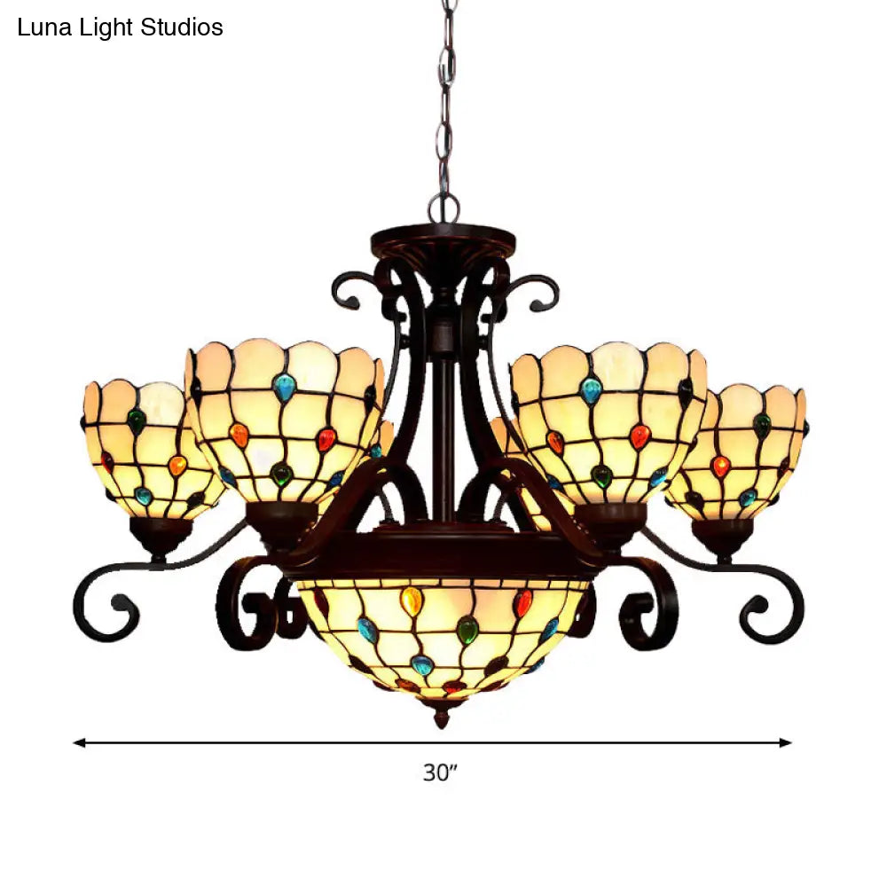 Tiffany Style Domed Stained Glass Chandelier With 9 Lights White/Red/Beige Suspension Lighting For