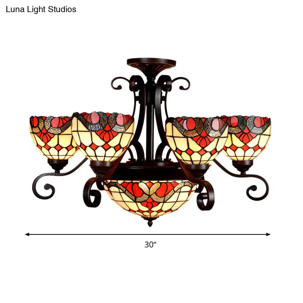 Stained Glass Chandelier Light Tiffany - Domed Design 9 Lights White/Red/Beige Ideal For Living