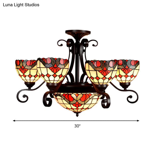 Stained Glass Chandelier Light Tiffany - Domed Design 9 Lights White/Red/Beige Ideal For Living