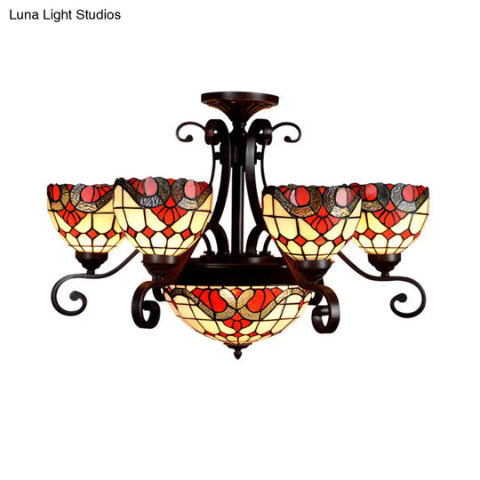 Stained Glass Chandelier Light Tiffany - Domed Design 9 Lights White/Red/Beige Ideal For Living