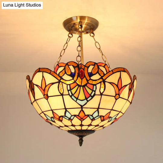Stained Glass Chandelier Lighting: Victorian Bowl Ceiling Light With Brass Finish