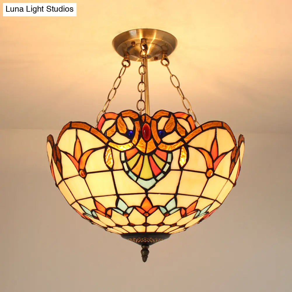 Victorian Stained Glass Chandelier Lighting - Elegant Brass Finish