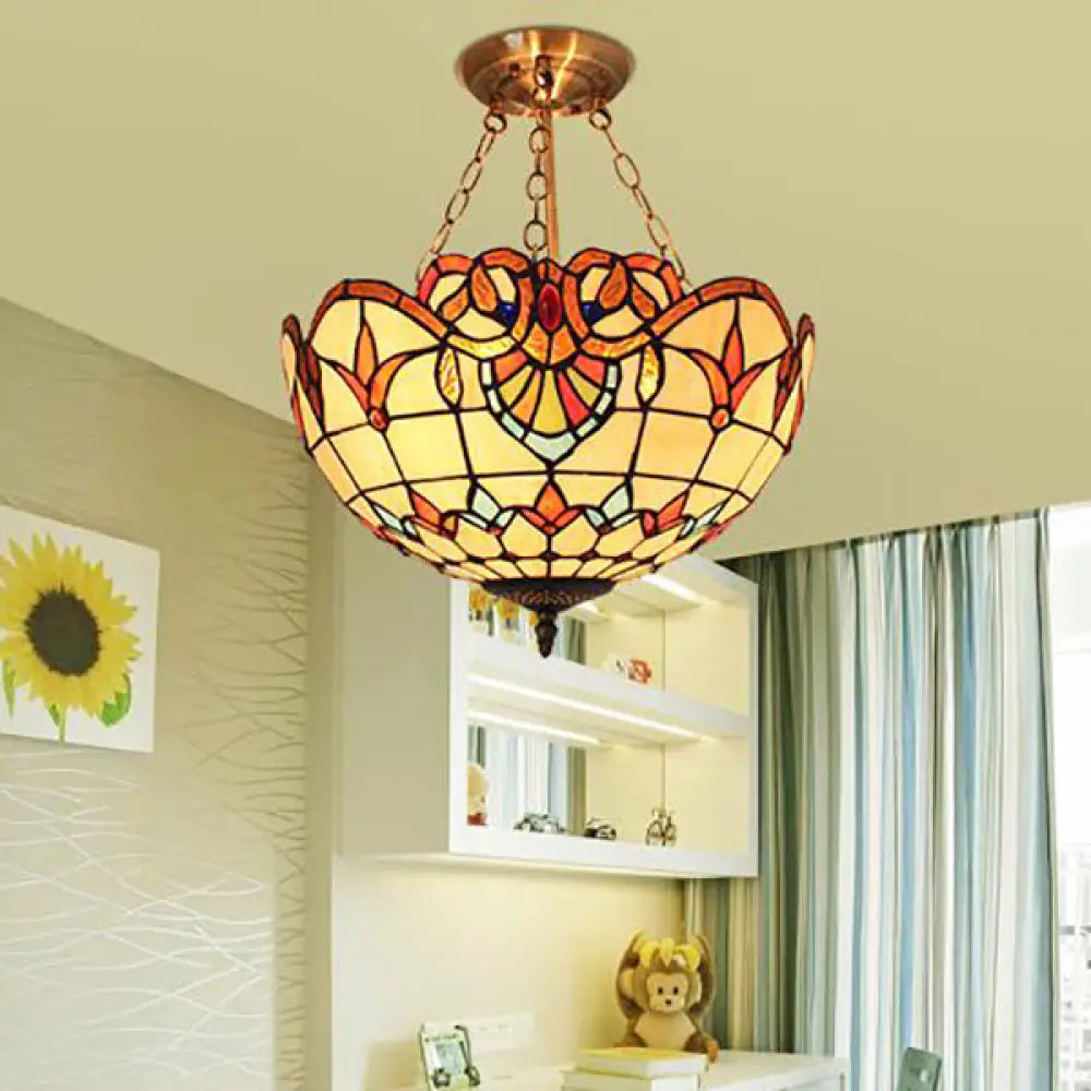 Stained Glass Chandelier Lighting: Victorian Bowl Ceiling Light With Brass Finish Beige