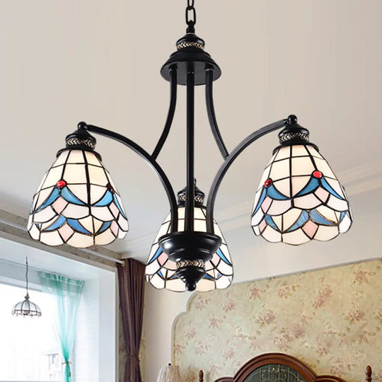 Stained Glass Chandelier - Scrolling Arm Mediterranean Design 3/5/8 Lights Black Suspension Fixture