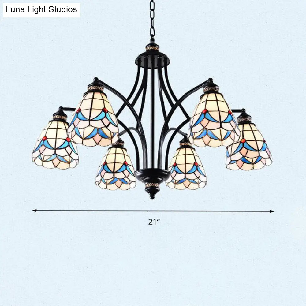 Stained Glass Chandelier - Scrolling Arm Design In Mediterranean Style With 3/5/8 Lights Black