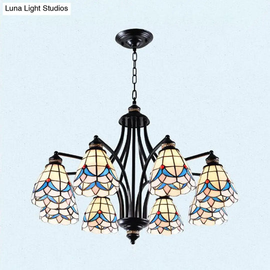 Stained Glass Chandelier - Scrolling Arm Design In Mediterranean Style With 3/5/8 Lights Black