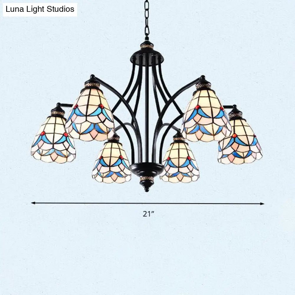 Stained Glass Chandelier - Scrolling Arm Mediterranean Design 3/5/8 Lights Black Suspension Fixture