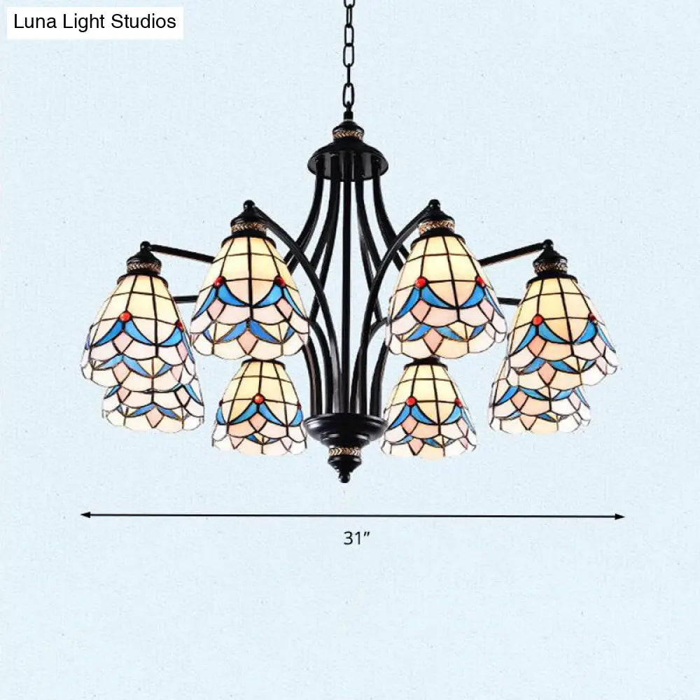 Stained Glass Chandelier - Scrolling Arm Design In Mediterranean Style With 3/5/8 Lights Black