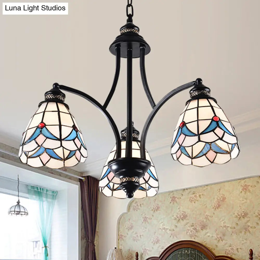 Stained Glass Chandelier - Scrolling Arm Design In Mediterranean Style With 3/5/8 Lights Black