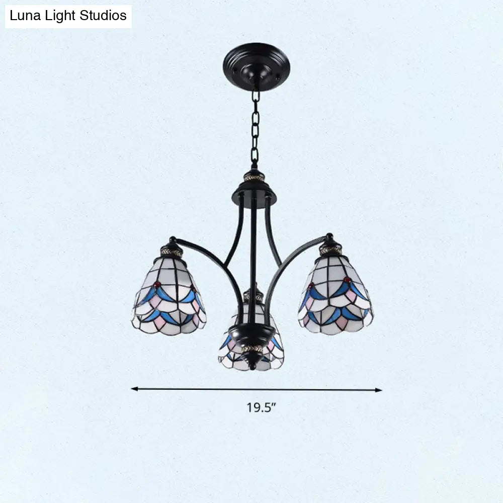 Stained Glass Chandelier - Scrolling Arm Mediterranean Design 3/5/8 Lights Black Suspension Fixture