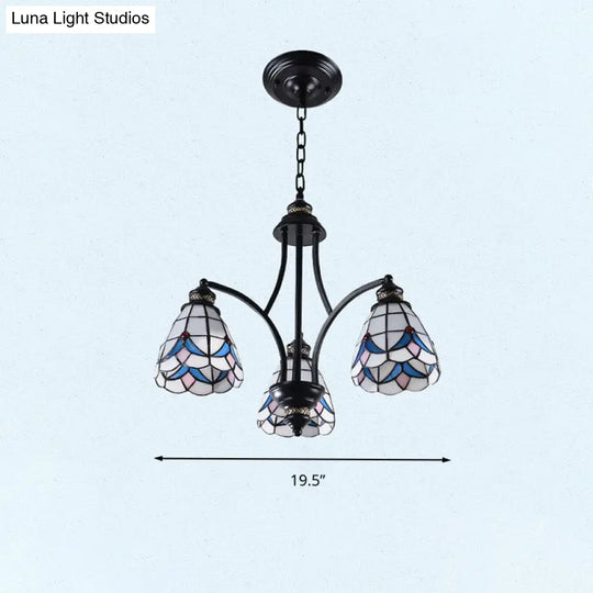 Stained Glass Chandelier - Scrolling Arm Mediterranean Design 3/5/8 Lights Black Suspension Fixture