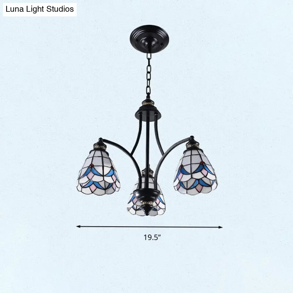 Stained Glass Chandelier - Scrolling Arm Design In Mediterranean Style With 3/5/8 Lights Black