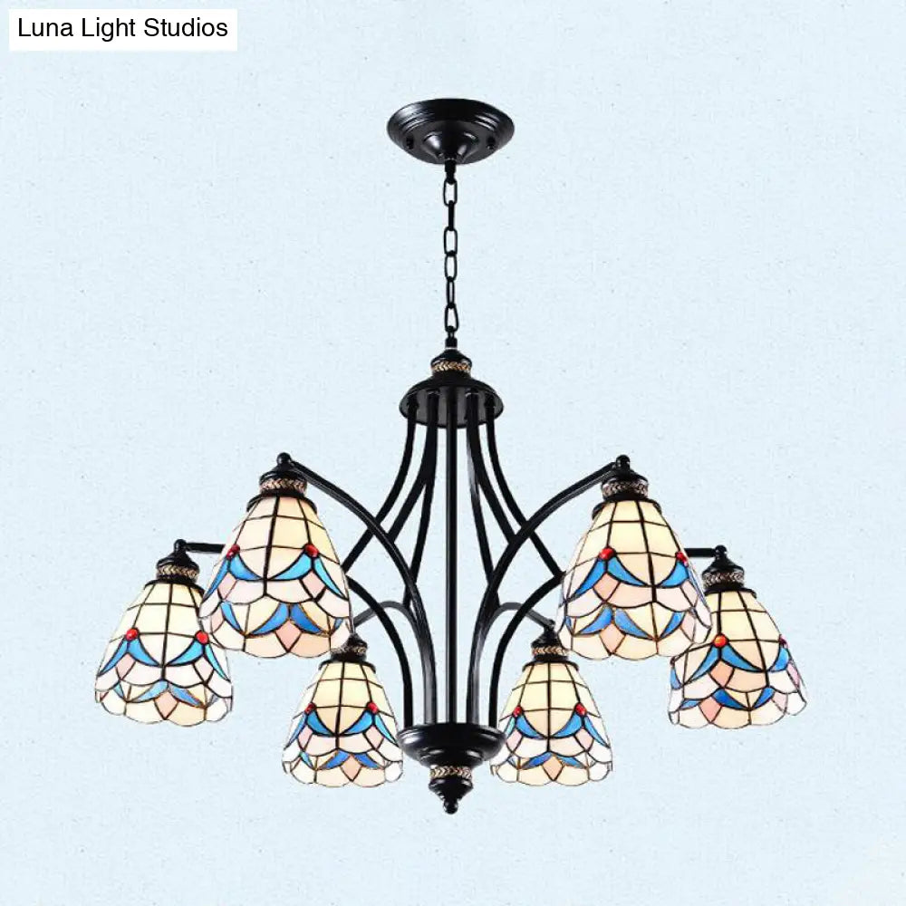 Stained Glass Chandelier - Scrolling Arm Design In Mediterranean Style With 3/5/8 Lights Black