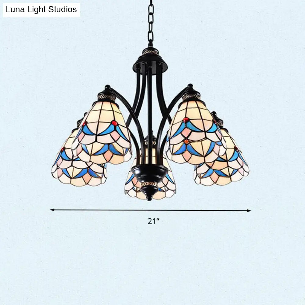 Stained Glass Chandelier - Scrolling Arm Design In Mediterranean Style With 3/5/8 Lights Black