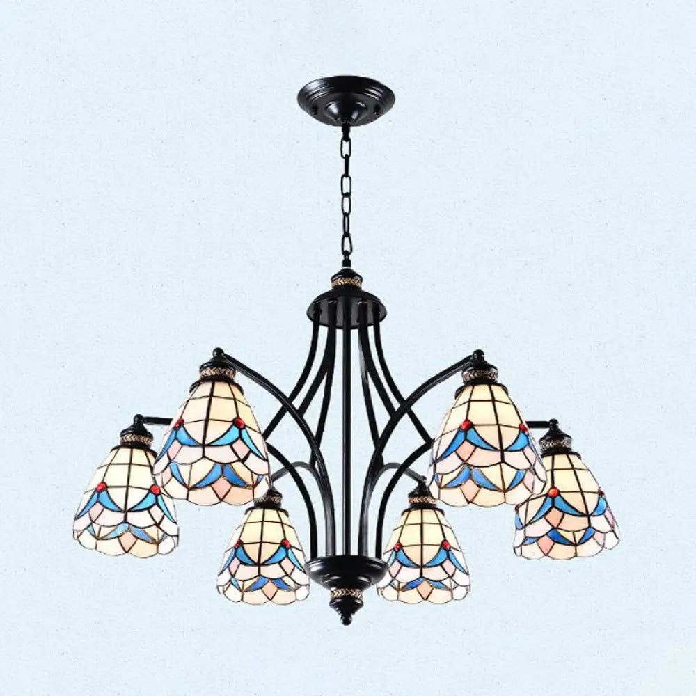 Stained Glass Chandelier - Scrolling Arm Mediterranean Design 3/5/8 Lights Black Suspension Fixture