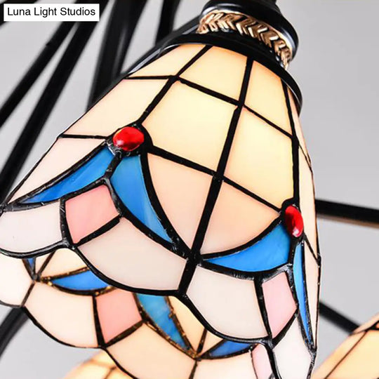 Stained Glass Chandelier - Scrolling Arm Design In Mediterranean Style With 3/5/8 Lights Black