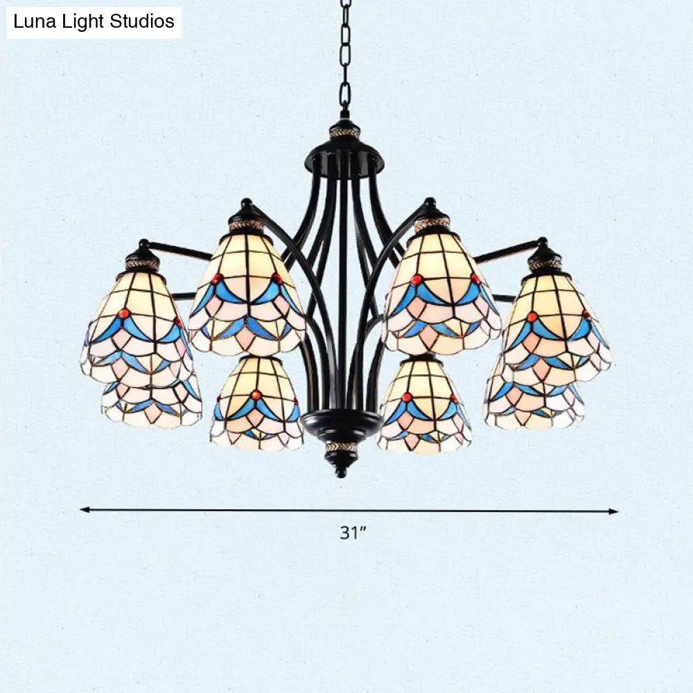 Stained Glass Chandelier - Scrolling Arm Mediterranean Design 3/5/8 Lights Black Suspension Fixture