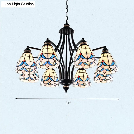 Stained Glass Chandelier - Scrolling Arm Mediterranean Design 3/5/8 Lights Black Suspension Fixture