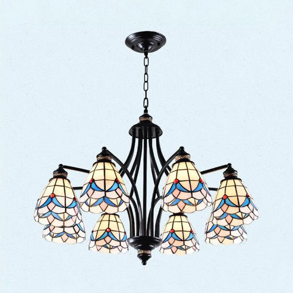 Stained Glass Chandelier - Scrolling Arm Mediterranean Design 3/5/8 Lights Black Suspension Fixture