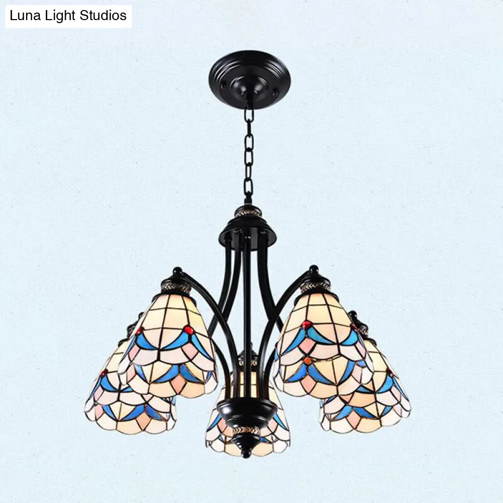 Stained Glass Chandelier - Scrolling Arm Design In Mediterranean Style With 3/5/8 Lights Black