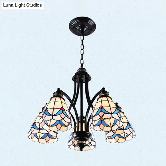 Stained Glass Chandelier - Scrolling Arm Design In Mediterranean Style With 3/5/8 Lights Black