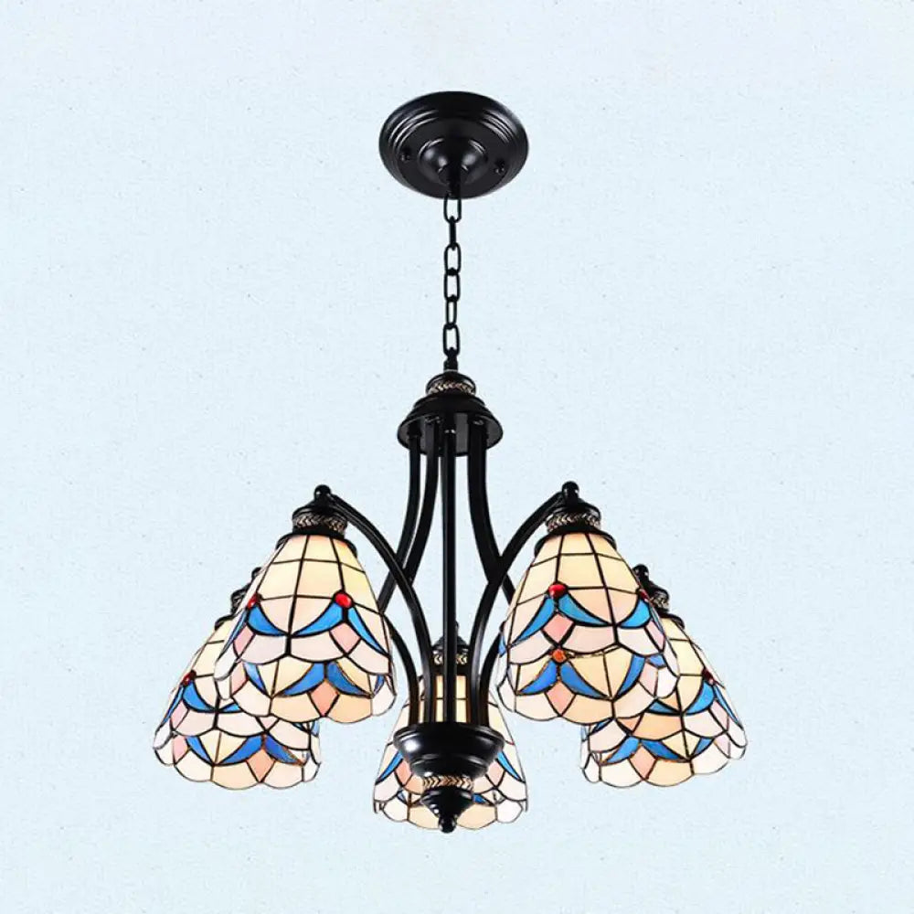 Stained Glass Chandelier - Scrolling Arm Mediterranean Design 3/5/8 Lights Black Suspension Fixture