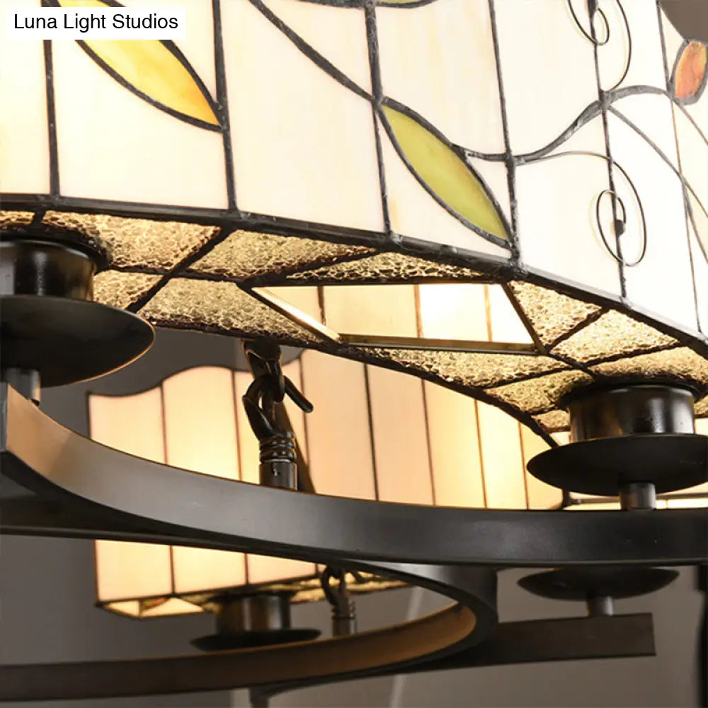 Stained Glass Chandelier: Traditional 2-Tier Leaf Suspension Light With Metal Chain In Black Finish