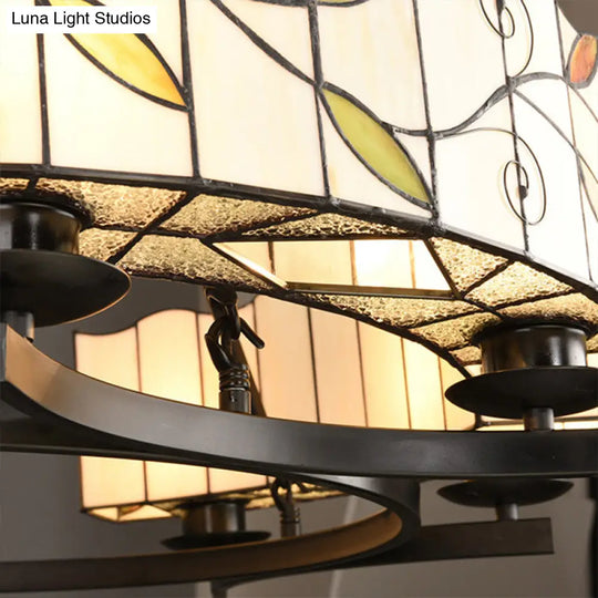 Stained Glass Chandelier: Traditional 2-Tier Leaf Suspension Light With Metal Chain In Black Finish