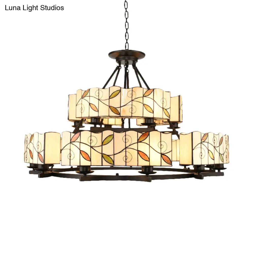 Leaf Suspension Light: 2-Tier Stained Glass Chandelier In Black Finish