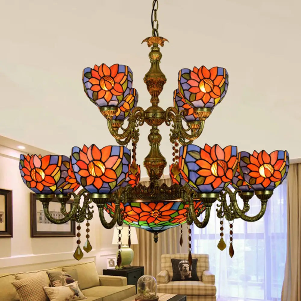 Stained Glass Chandelier With 15 Orange And Blue Heads For Living Room Orange-Blue