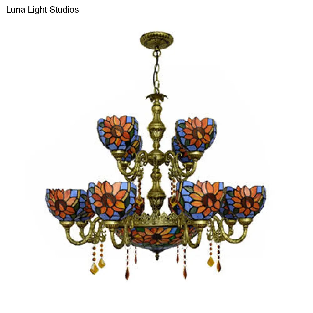 Stained Glass Chandelier With 15 Orange And Blue Heads For Living Room