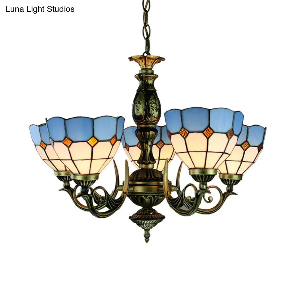 Tiffany Stained Glass Bowl Chandelier - 5-Light Ceiling Pendant For Dining Room Lighting