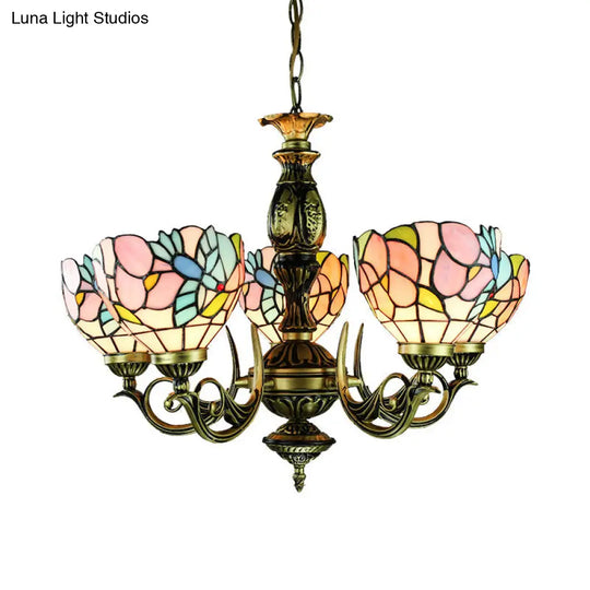 Stained Glass Chandelier With Lodge Bowl Bird And Flower Design - Antique Bronze Finish 5 Lights