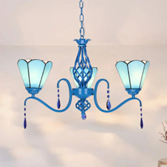 Stained Glass Cone Chandelier With Crystal Accents – 3 Lights Blue Finish Ideal For Living Room