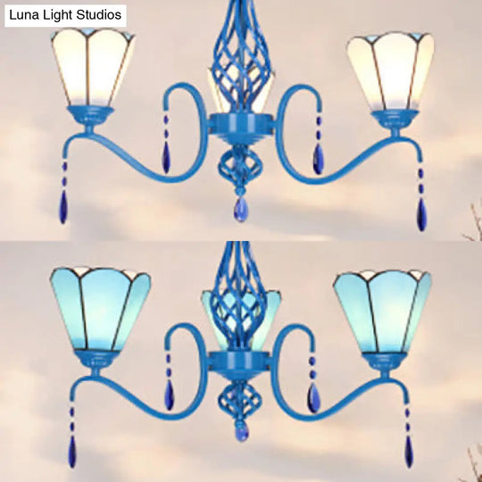 Stained Glass Cone Chandelier With 3 Blue Crystal Lights For Living Room Ceiling