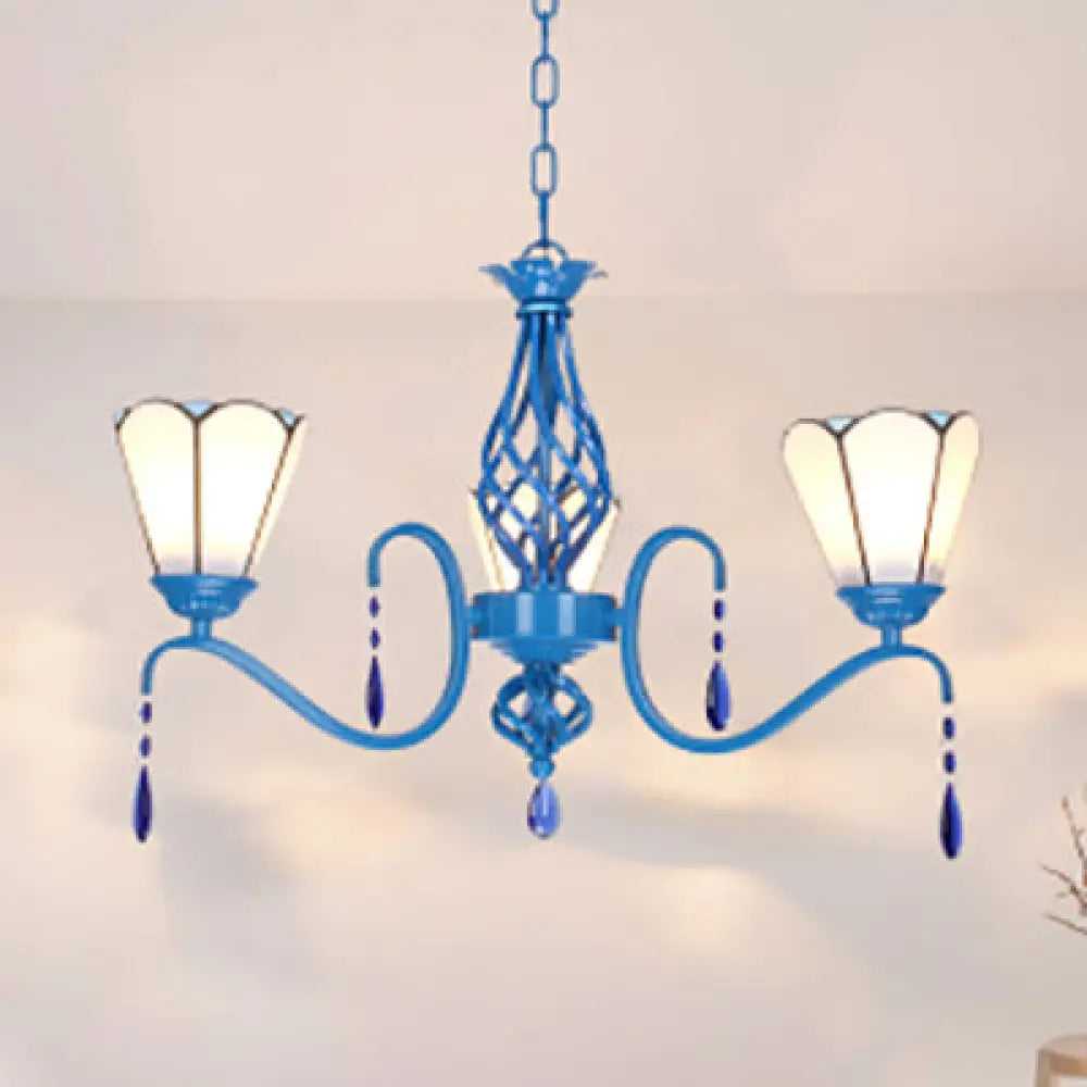 Stained Glass Cone Chandelier With Crystal Accents – 3 Lights Blue Finish Ideal For Living Room