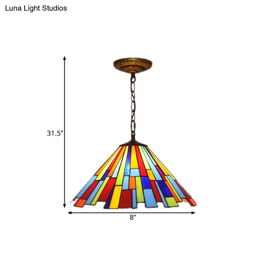 Stained Glass Cone Pendulum Light 8’/13’ W- Brass Frame With Elegant Rectangle Pattern - 1 Bulb