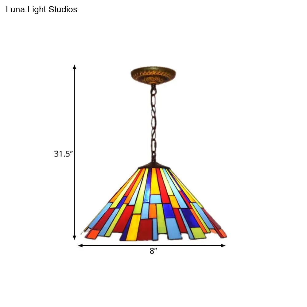 Stunning Mission Cone Pendulum Light - 8/13 Wide Brass Suspension Lamp With Stained Glass &