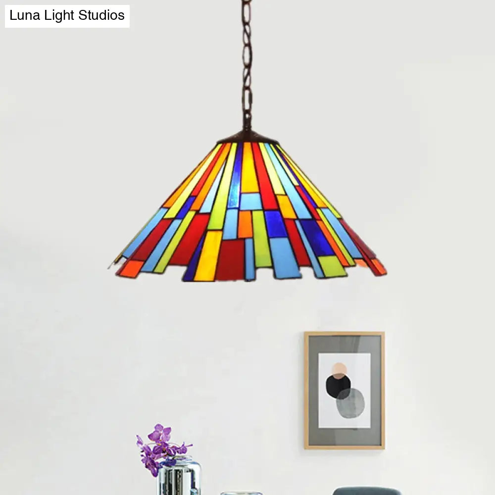 Stunning Mission Cone Pendulum Light - 8/13 Wide Brass Suspension Lamp With Stained Glass &