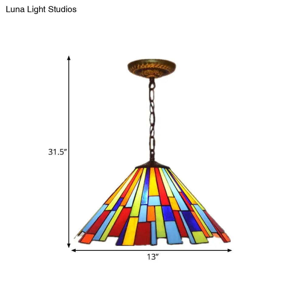 Stained Glass Cone Pendulum Light 8’/13’ W- Brass Frame With Elegant Rectangle Pattern - 1 Bulb