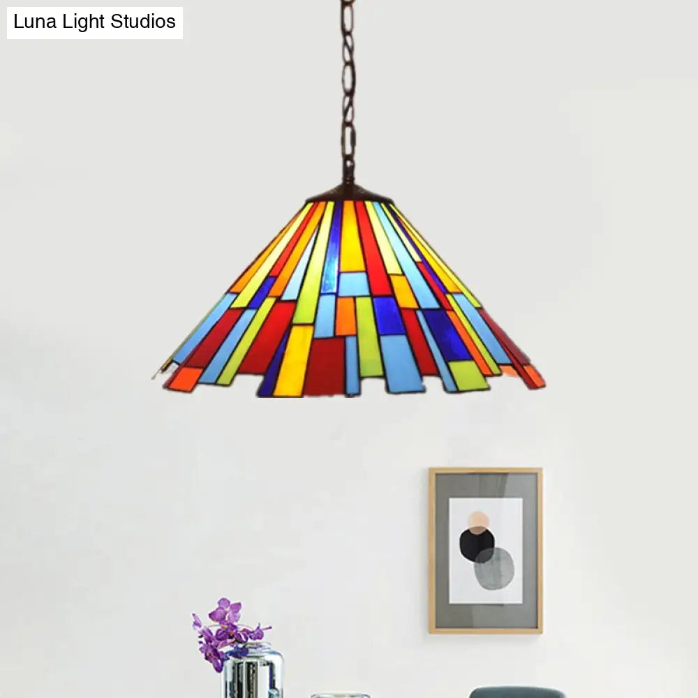 Stained Glass Cone Pendulum Light 8’/13’ W- Brass Frame With Elegant Rectangle Pattern - 1 Bulb