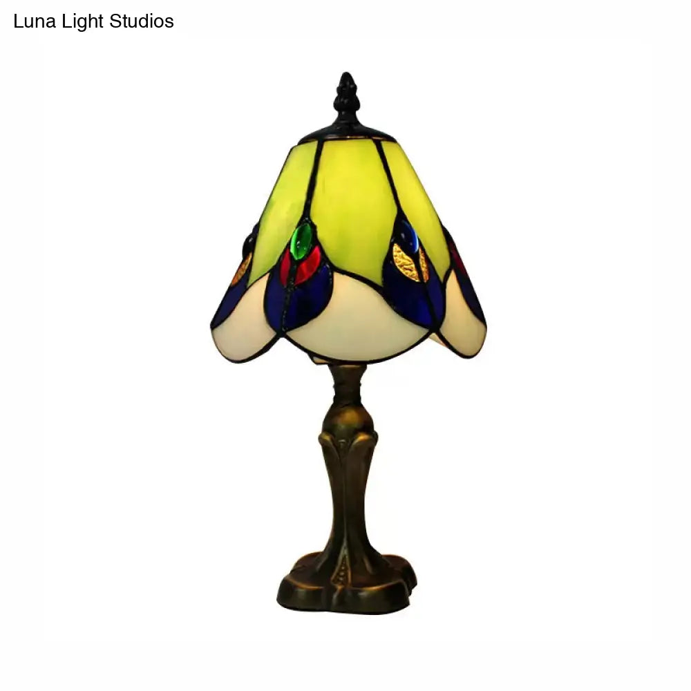 Stained Glass Cone Table Light With Metal Base & Gem/Grape/Peacock Tail Pattern - Tiffany Bedside