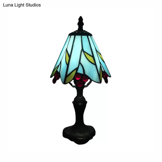 Stained Glass Cone Table Light With Metal Base & Gem/Grape/Peacock Tail Pattern - Tiffany Bedside