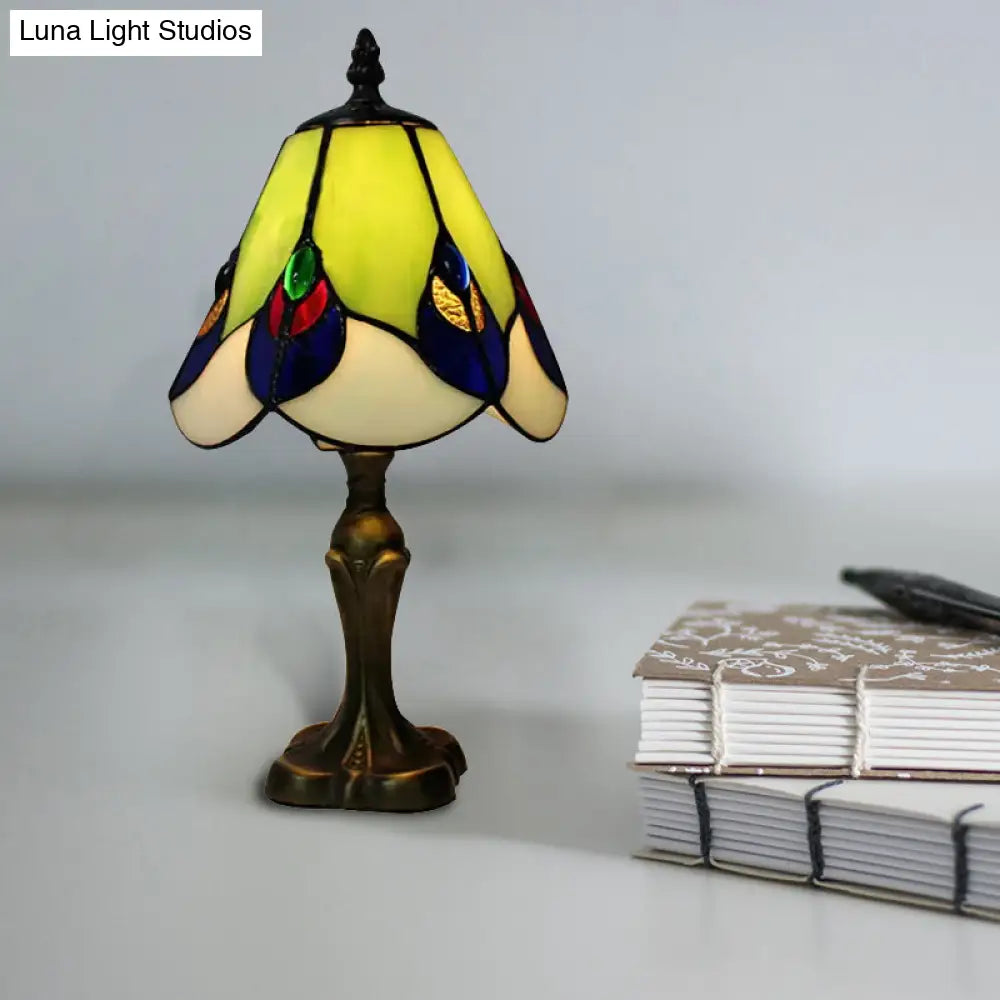 Stained Glass Cone Table Light With Metal Base & Gem/Grape/Peacock Tail Pattern - Tiffany Bedside