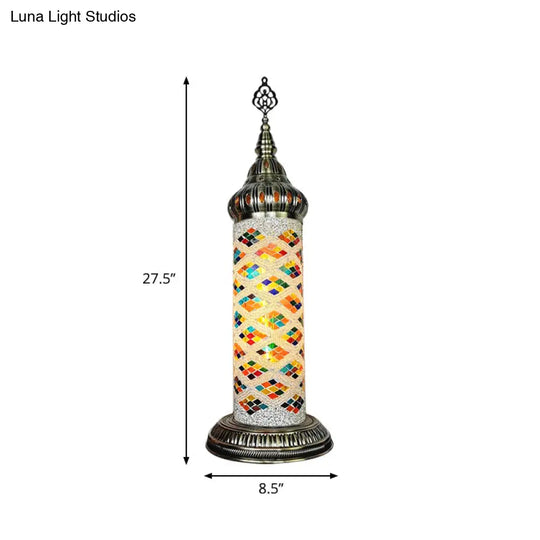 Stained Glass Cylinder Bedroom Table Lamp With Led Night Light - Traditional Design In