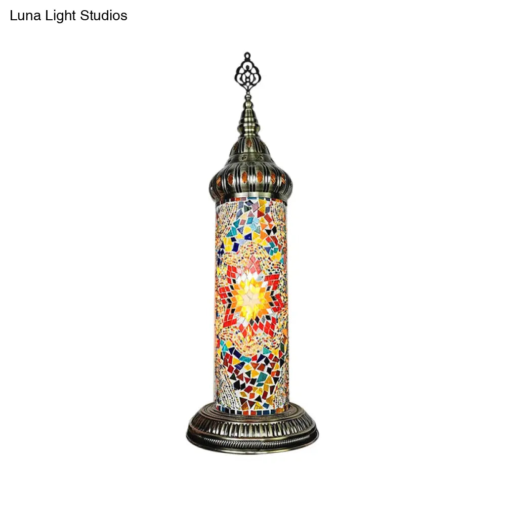 Stained Glass Cylinder Bedroom Table Lamp With Led Night Light - Traditional Design In