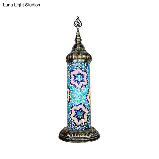 Stained Glass Cylinder Bedroom Table Lamp With Led Night Light - Traditional Design In